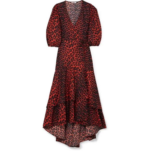 Ganni The Bijou Red Leopard Puff Sleeve Wrap Maxi Dress Size 42 EU - Picture 14 of 15